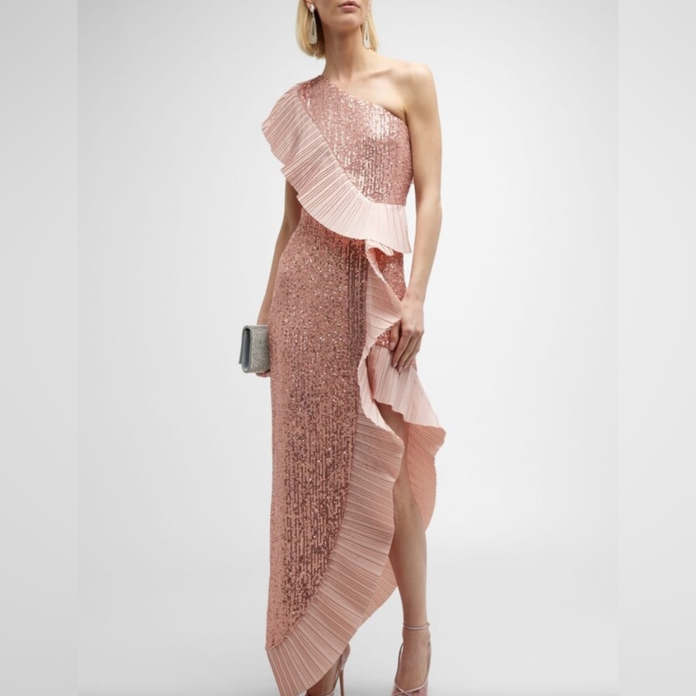 One shoulder pleated taffeta and sequin gown